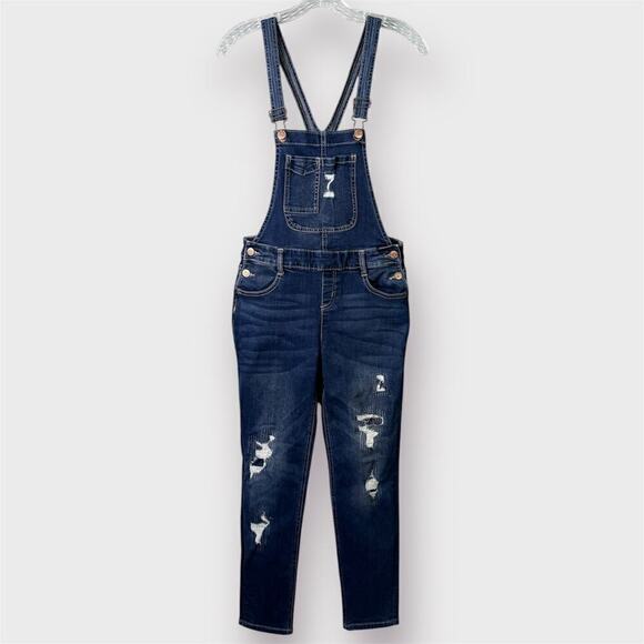 Justice Distressed Dark Wash Denim Bib Overalls Skinny Stretch Girl's Size 16 - Picture 1 of 12